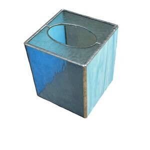 Vintage Leaded Stained & Slag Glass Two Tone Blue Tissue Box Cover